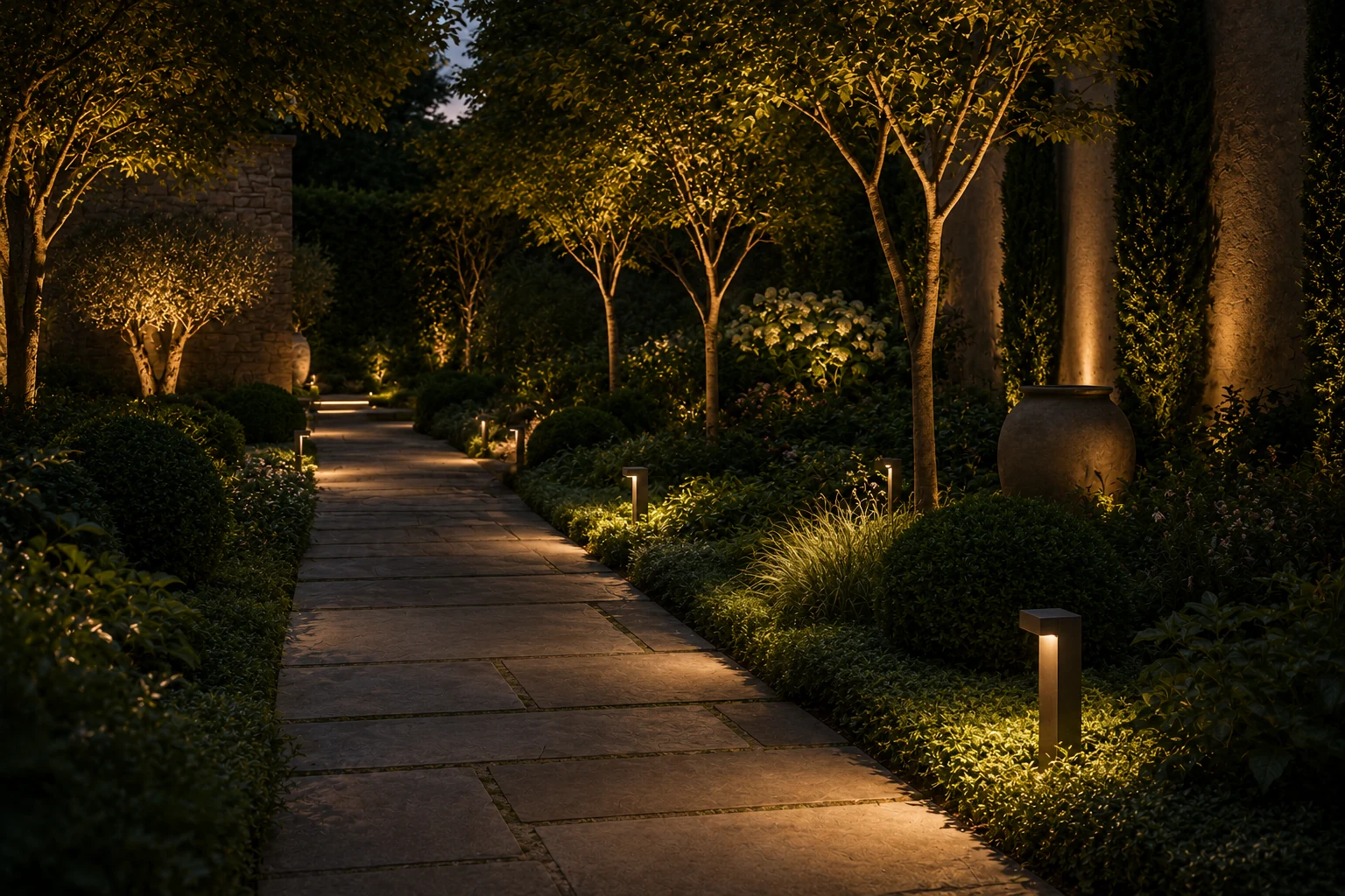 Beleuchteter Gartenweg am Abend